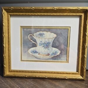 Gold Framed Teacup Art Print By Barbara Mock "Blue Nosegay Teacup"